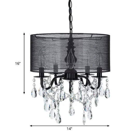 Lustre rond classique en tissu noir à 5 lumières avec accent en cristal