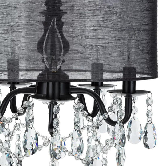 Black Round Fabric Pendant Chandelier With Crystal Accent - Traditional 5-Light Fixture