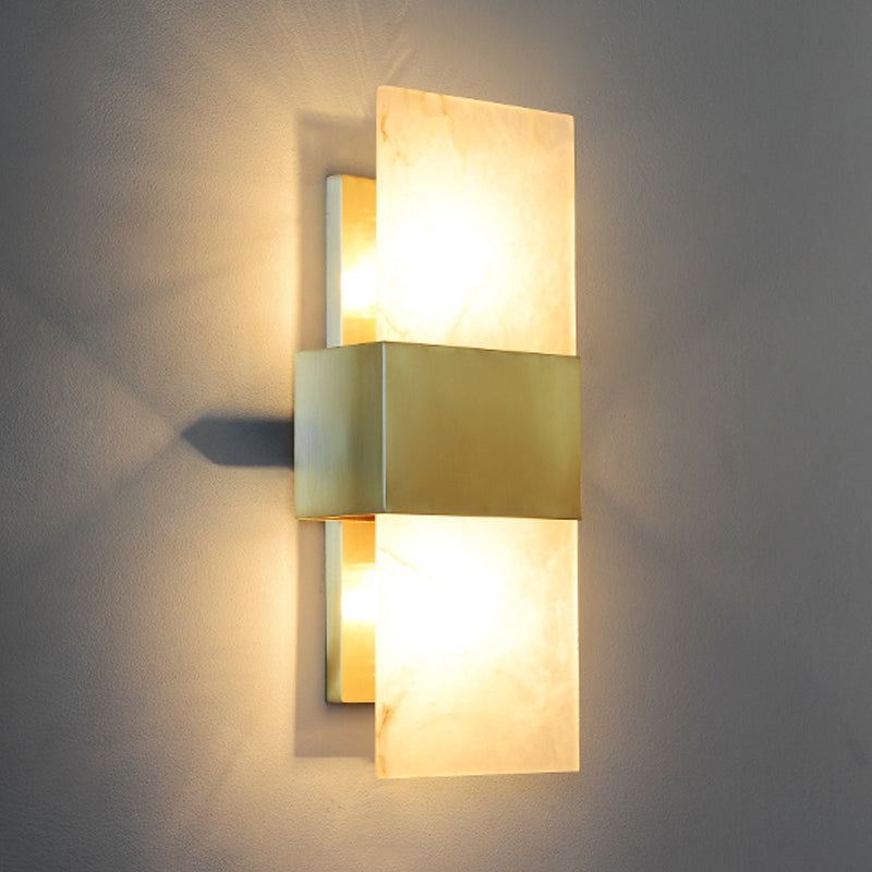 Rectangular Flush Mount Gold Marble Wall Sconce Lighting - Set Of 2 Bulbs Ideal For Living Room