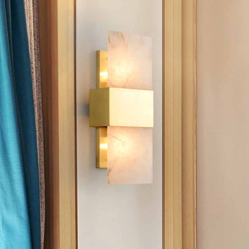 Rectangular Flush Mount Gold Marble Wall Sconce Lighting - Set Of 2 Bulbs Ideal For Living Room