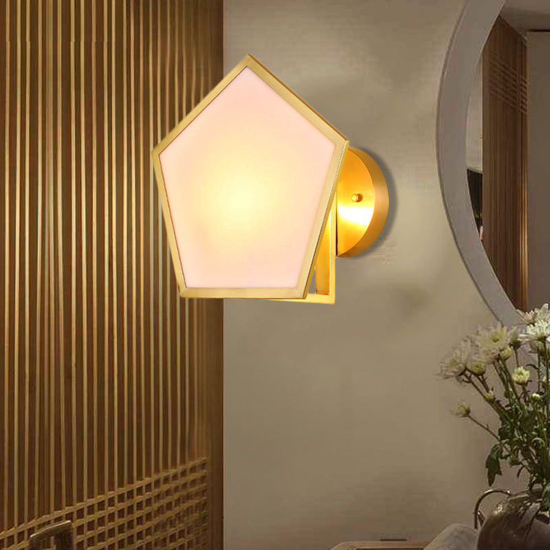 Geometric Wall Lamp With Opaline Glass In Gold Finish - Bedroom Lighting