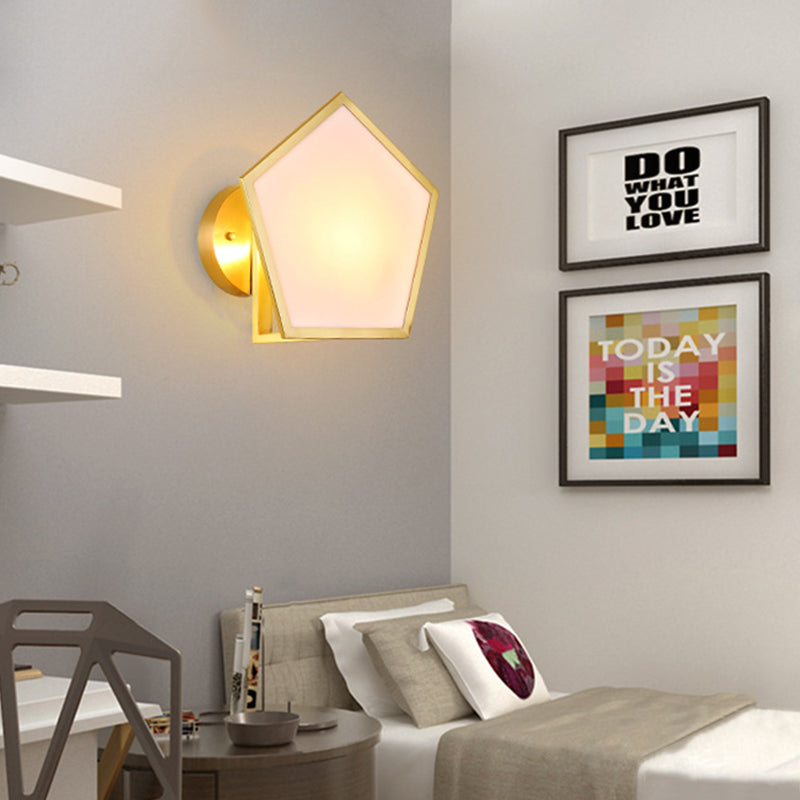 Geometric Wall Lamp With Opaline Glass In Gold Finish - Bedroom Lighting