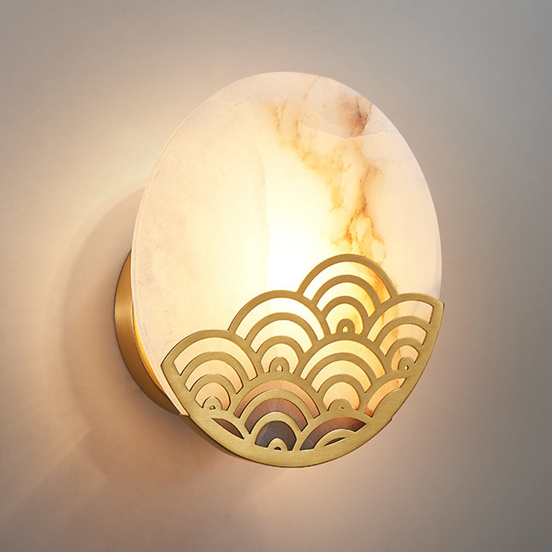 Colonial Marble Circle Wall Lamp - Gold Single Light Sconce 8/10 Width