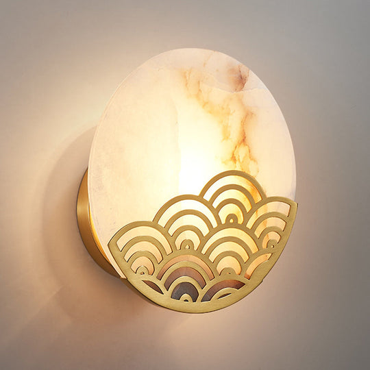 Colonial Marble Circle Wall Lamp - Gold Single Light Sconce 8/10 Width