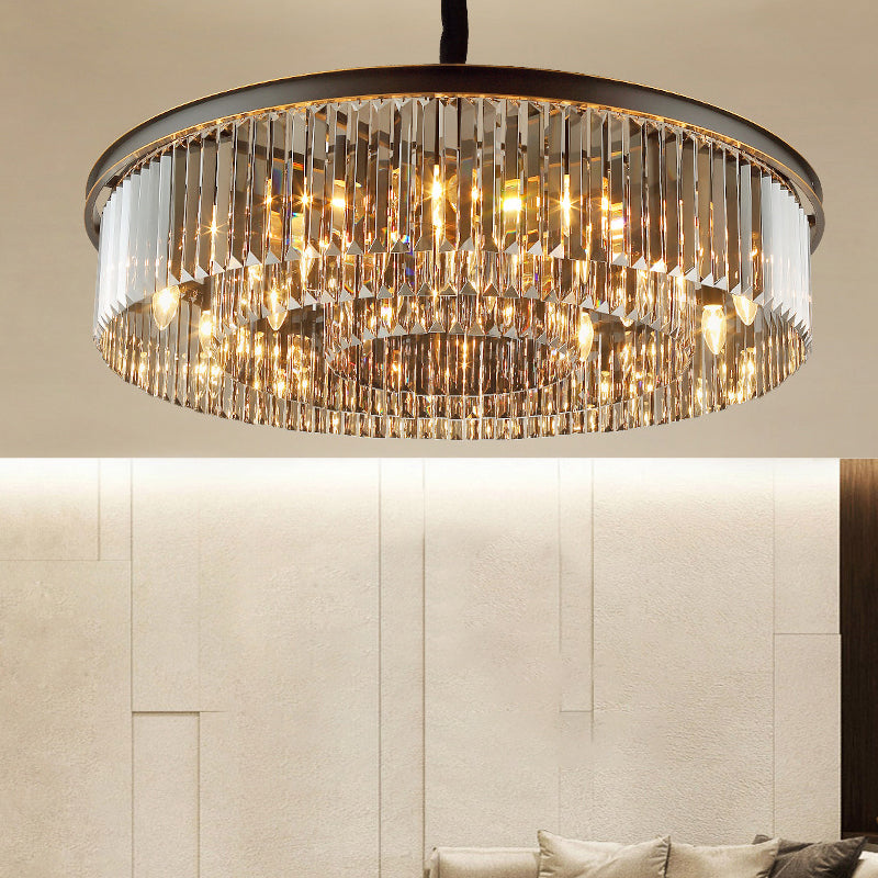 Modern Black Drum Chandelier With Crystal Shaded Pendant Light - 6/12 Lights For Living Room