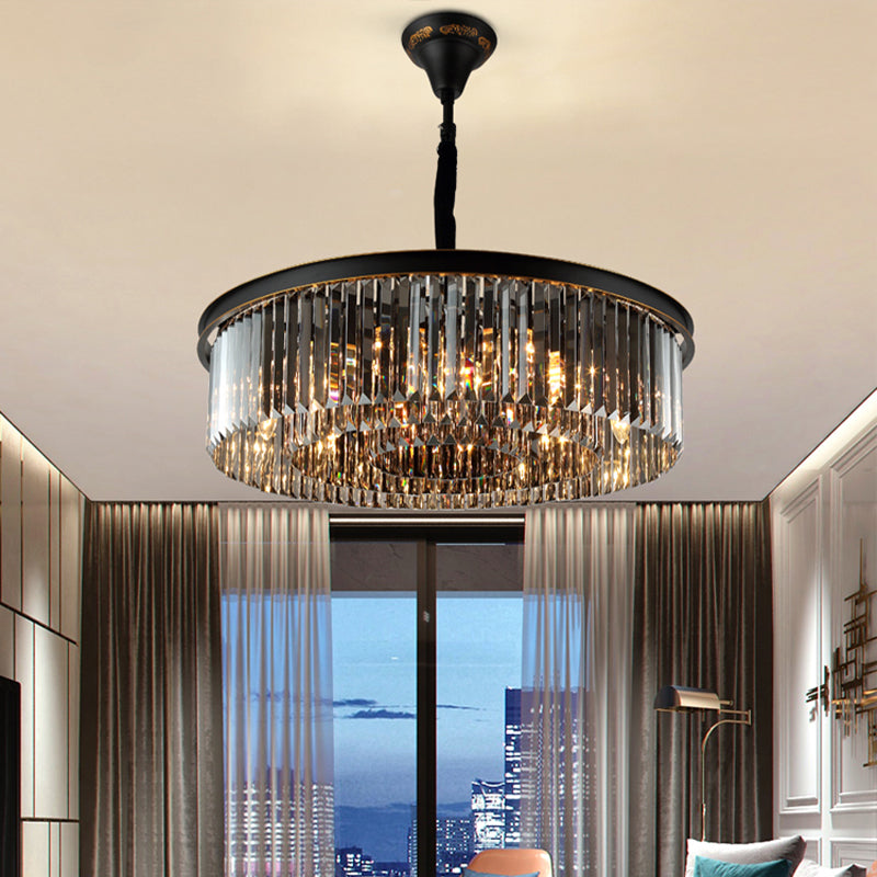 Modern Black Drum Chandelier With Crystal Shaded Pendant Light - 6/12 Lights For Living Room