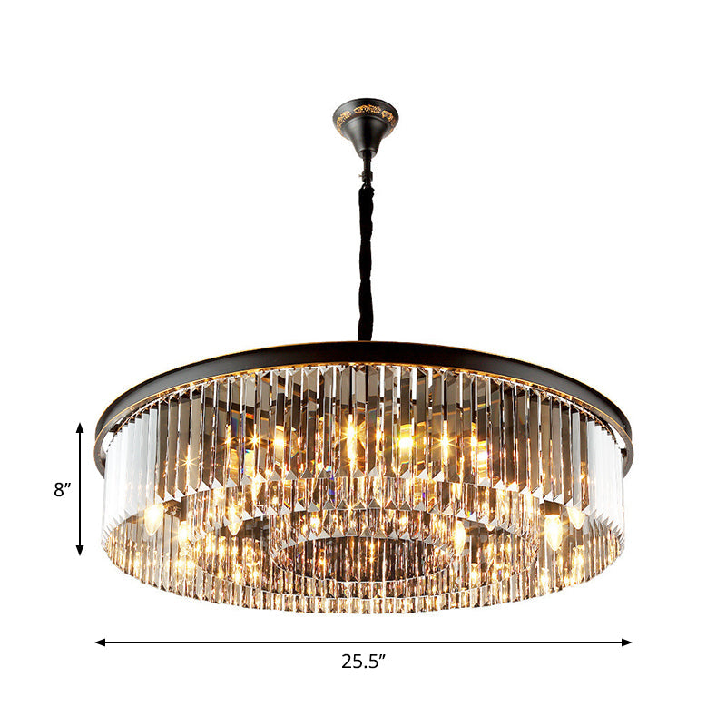 Modern Black Drum Chandelier With Crystal Shaded Pendant Light - 6/12 Lights For Living Room