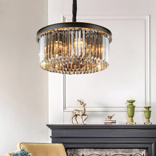 Modern Black Drum Chandelier With Crystal Shaded Pendant Light - 6/12 Lights For Living Room