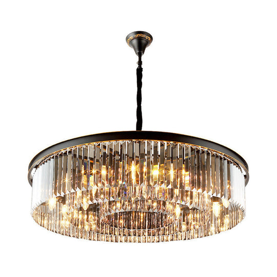 Modern Black Drum Chandelier With Crystal Shaded Pendant Light - 6/12 Lights For Living Room