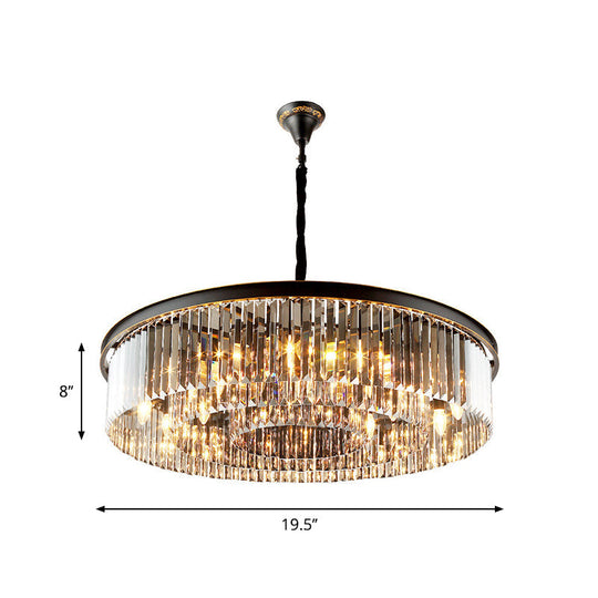 Modern Black Drum Chandelier With Crystal Shaded Pendant Light - 6/12 Lights For Living Room