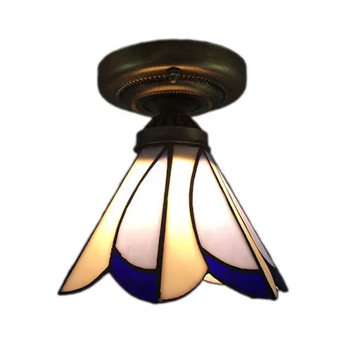 Tiffany Style Floral Semi-Flush Ceiling Light - Glass, 4" H x 7" Dia