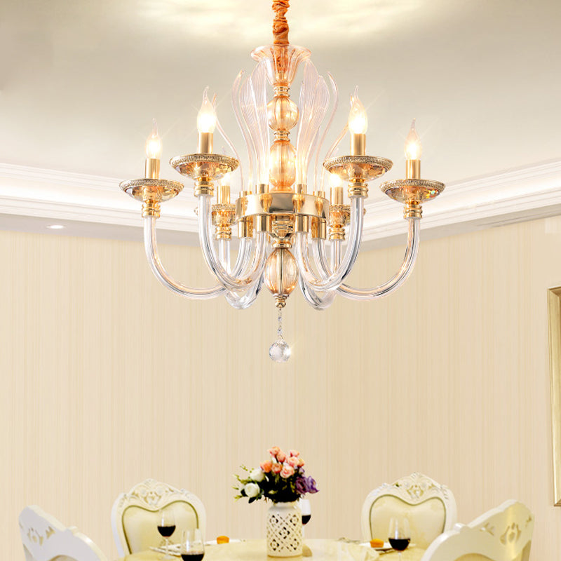 Modern Golden Curved Chandelier With 6 Clear Glass Heads And Crystal Drops