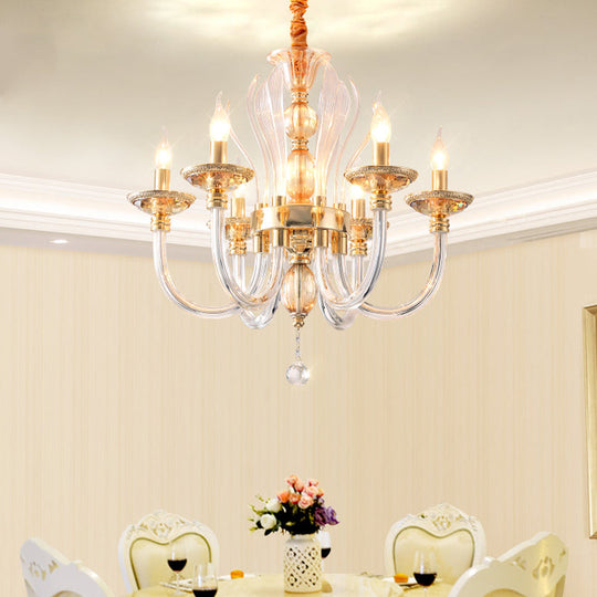 Modern Golden Curved Chandelier With 6 Clear Glass Heads And Crystal Drops