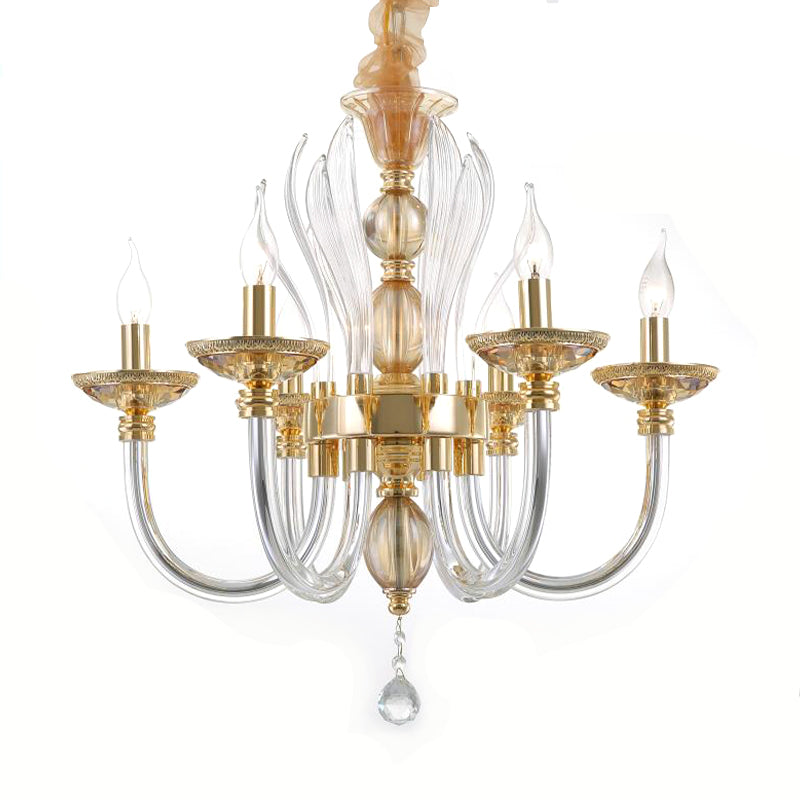 Modern Golden Curved Chandelier With 6 Clear Glass Heads And Crystal Drops