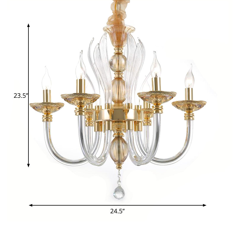 Modern Golden Curved Chandelier With 6 Clear Glass Heads And Crystal Drops