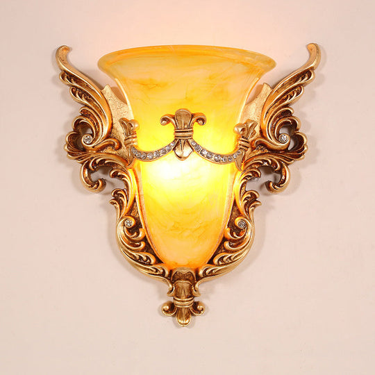 Frosted Glass Colonial Wall Sconce - 1 Bulb Flush Mount Light In White/Gold