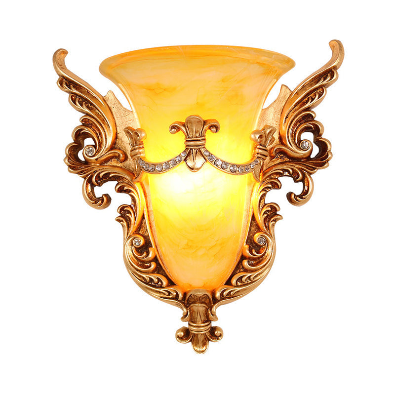 Frosted Glass Colonial Wall Sconce - 1 Bulb Flush Mount Light In White/Gold