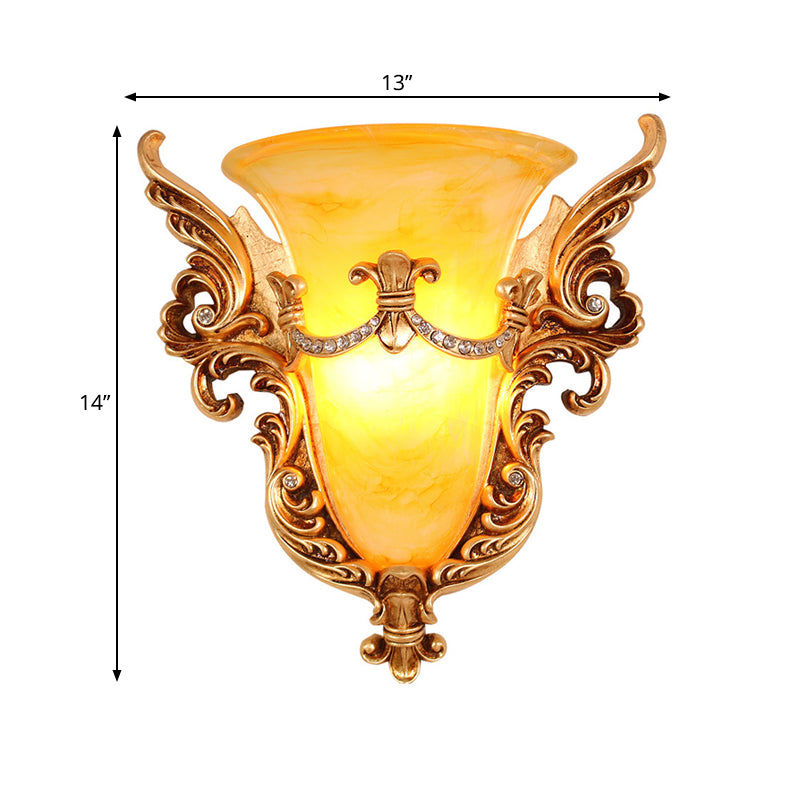 Frosted Glass Colonial Wall Sconce - 1 Bulb Flush Mount Light In White/Gold