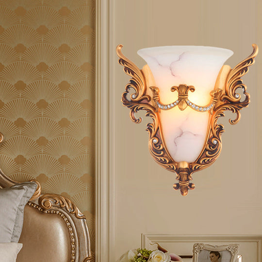 Frosted Glass Colonial Wall Sconce - 1 Bulb Flush Mount Light In White/Gold