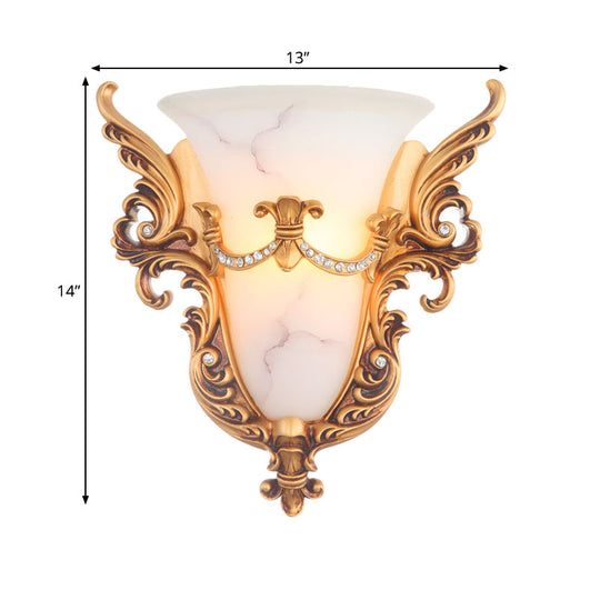 Frosted Glass Colonial Wall Sconce - 1 Bulb Flush Mount Light In White/Gold