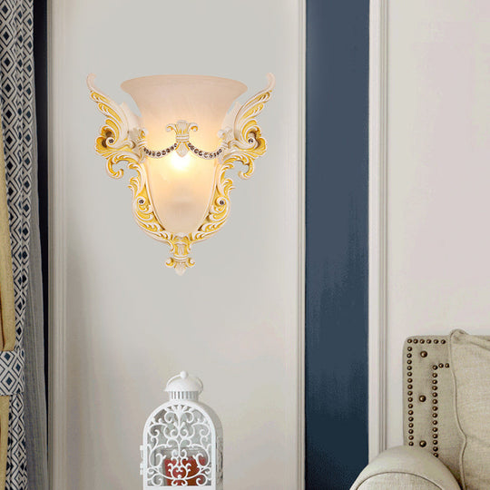 Frosted Glass Colonial Wall Sconce - 1 Bulb Flush Mount Light In White/Gold