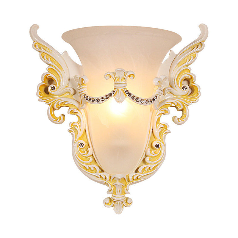 Frosted Glass Colonial Wall Sconce - 1 Bulb Flush Mount Light In White/Gold