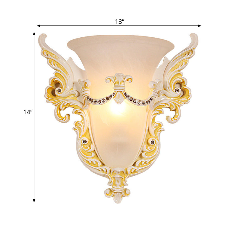 Frosted Glass Colonial Wall Sconce - 1 Bulb Flush Mount Light In White/Gold