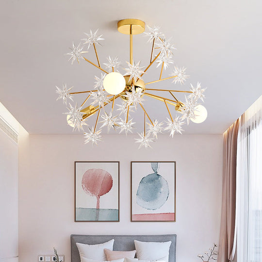 Contemporary Golden Sputnik Chandelier: 3-Light Metal Pendant Lamp With Star Accent