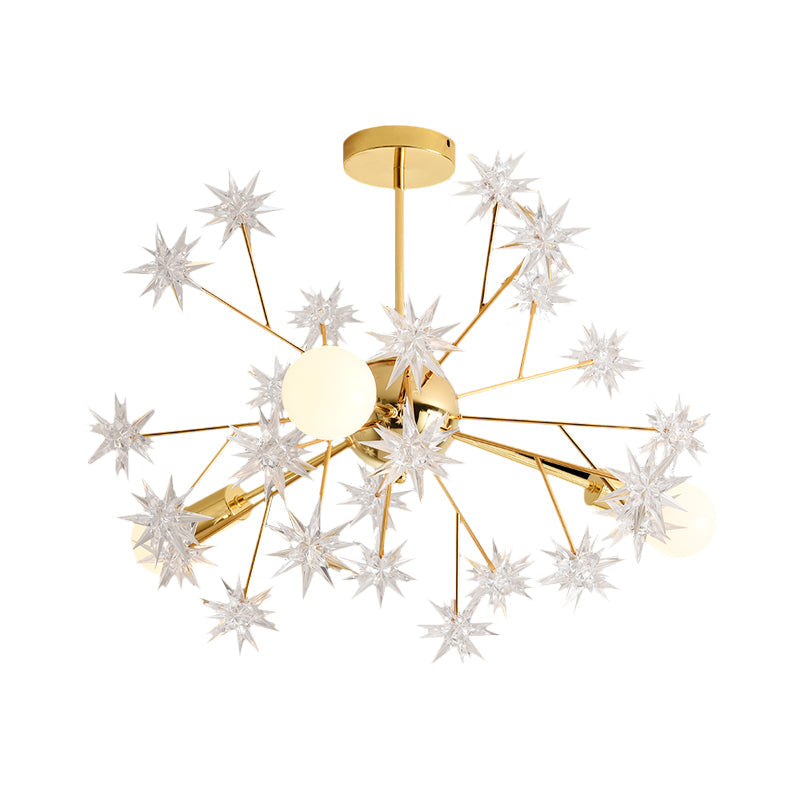 Contemporary Golden Sputnik Chandelier: 3-Light Metal Pendant Lamp With Star Accent