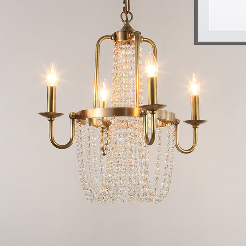 Traditional Copper Chandelier With Crystal Tassel - 4 Lights Golden Scroll Frame Hanging Ceiling