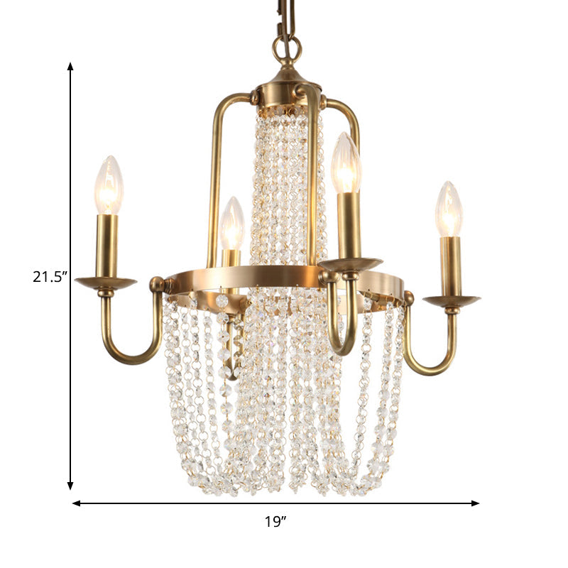 Traditional Copper Chandelier With Crystal Tassel - 4 Lights Golden Scroll Frame Hanging Ceiling