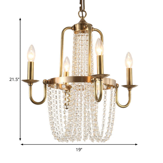 Traditional Copper Chandelier With Crystal Tassel - 4 Lights Golden Scroll Frame Hanging Ceiling