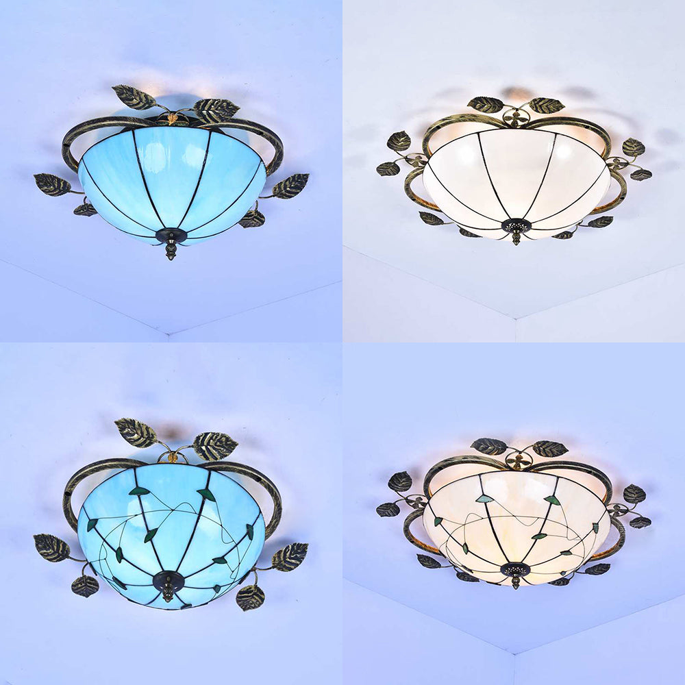 Tiffany Stained Glass Bowl Flushmount Light - 3 Bulb Ceiling Fixture With Leaf Decoration