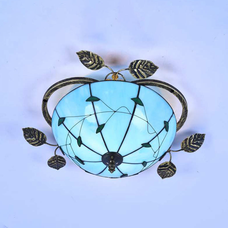 Tiffany Stained Glass Bowl Flushmount Light - 3 Bulb Ceiling Fixture With Leaf Decoration