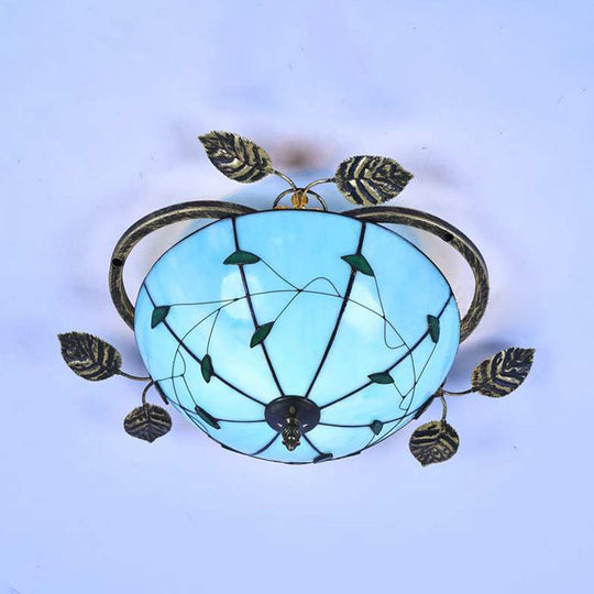 Tiffany Stained Glass Bowl Flushmount Light - 3 Bulb Ceiling Fixture With Leaf Decoration