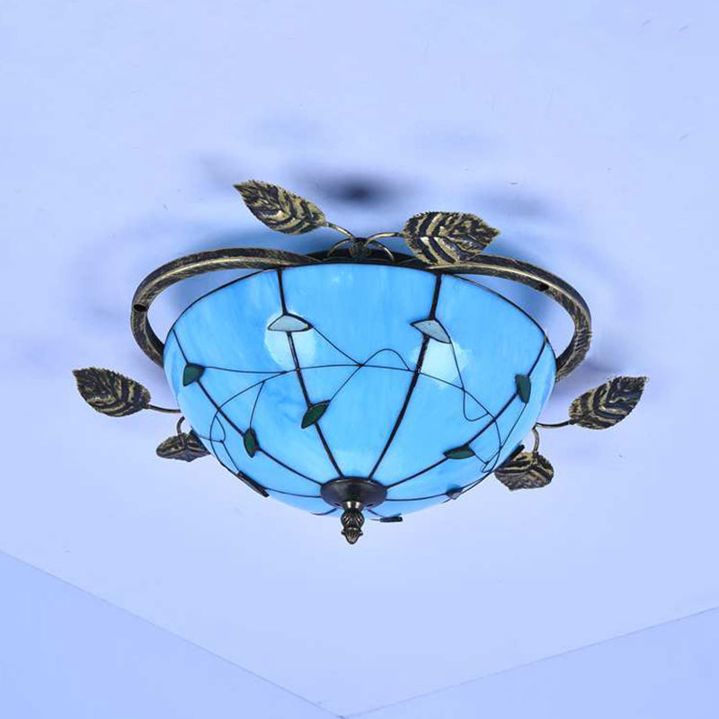 Tiffany Stained Glass Bowl Flushmount Light - 3 Bulb Ceiling Fixture With Leaf Decoration