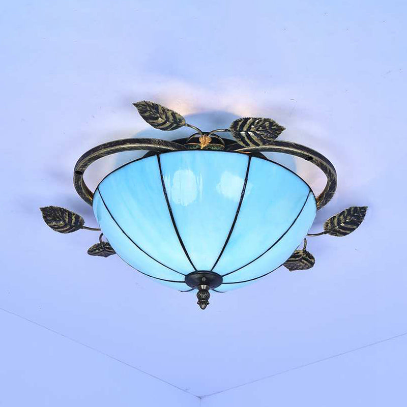 Tiffany Stained Glass Bowl Flushmount Light - 3 Bulb Ceiling Fixture With Leaf Decoration