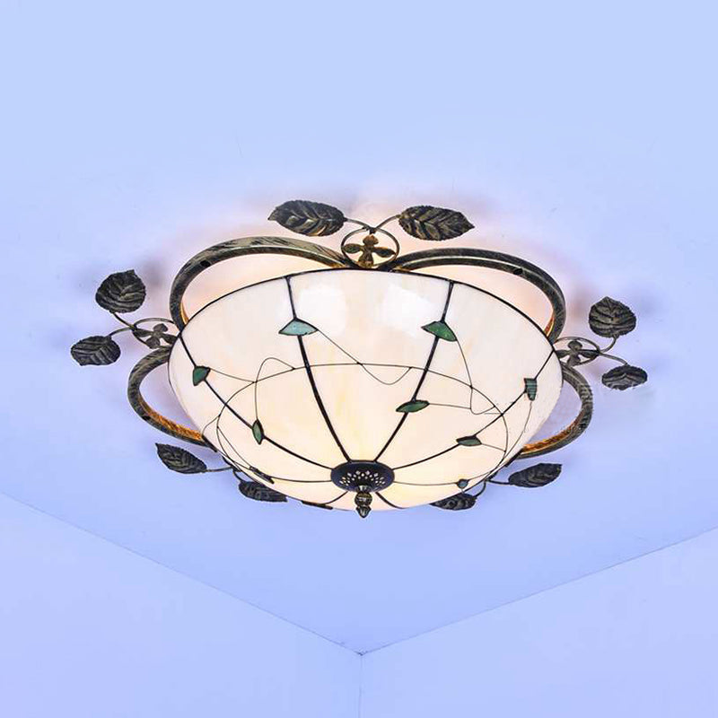 Tiffany Stained Glass Bowl Flushmount Light - 3 Bulb Ceiling Fixture With Leaf Decoration