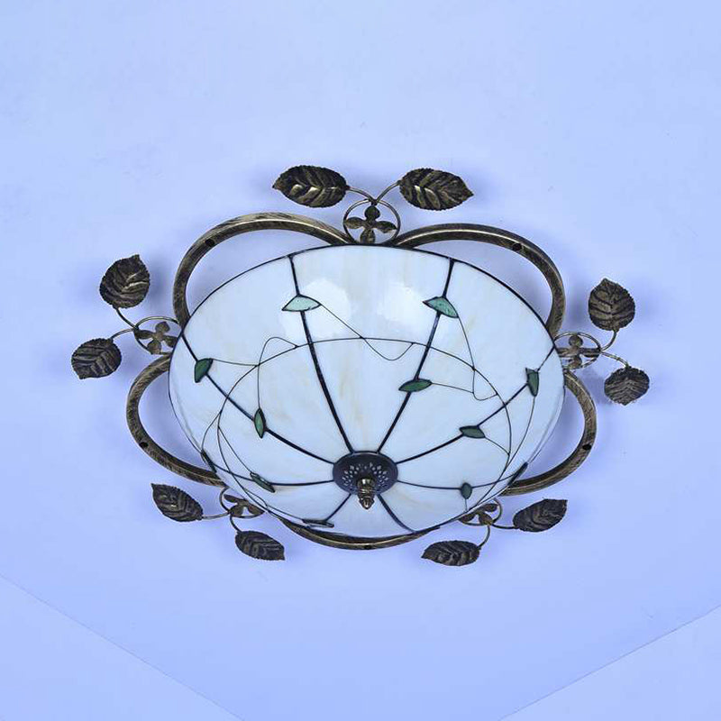 Tiffany Stained Glass Bowl Flushmount Light - 3 Bulb Ceiling Fixture With Leaf Decoration