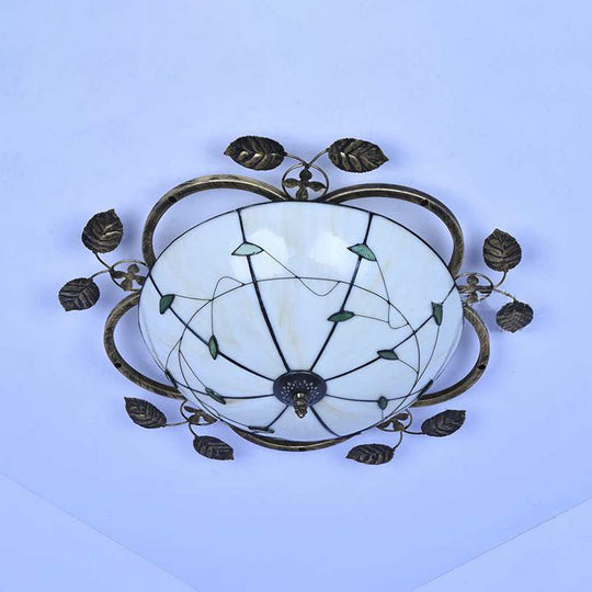 Tiffany Stained Glass Bowl Flushmount Light - 3 Bulb Ceiling Fixture With Leaf Decoration