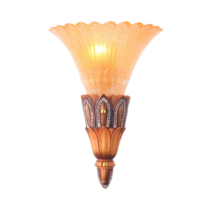 Brown Textured Glass Flower Sconce - Single Head Colonial Flush Mount Wall Light For Living Room