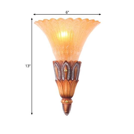 Brown Textured Glass Flower Sconce - Single Head Colonial Flush Mount Wall Light For Living Room