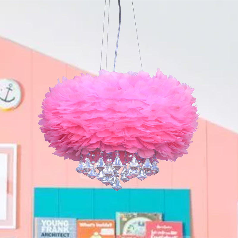 Contemporary Pink Feather Chandelier With Crystal Draping - 3 Light Pendant Lamp