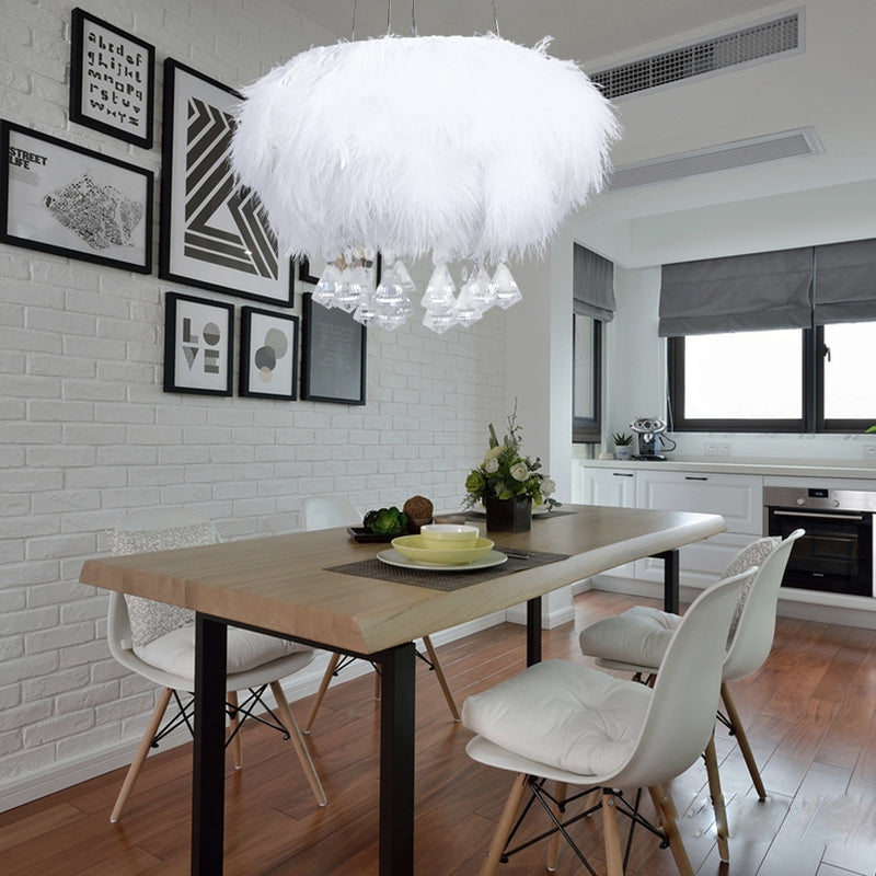 Simple 3-Light Round Fluff Chandelier With Crystal Drop - White Dining Room Ceiling Light