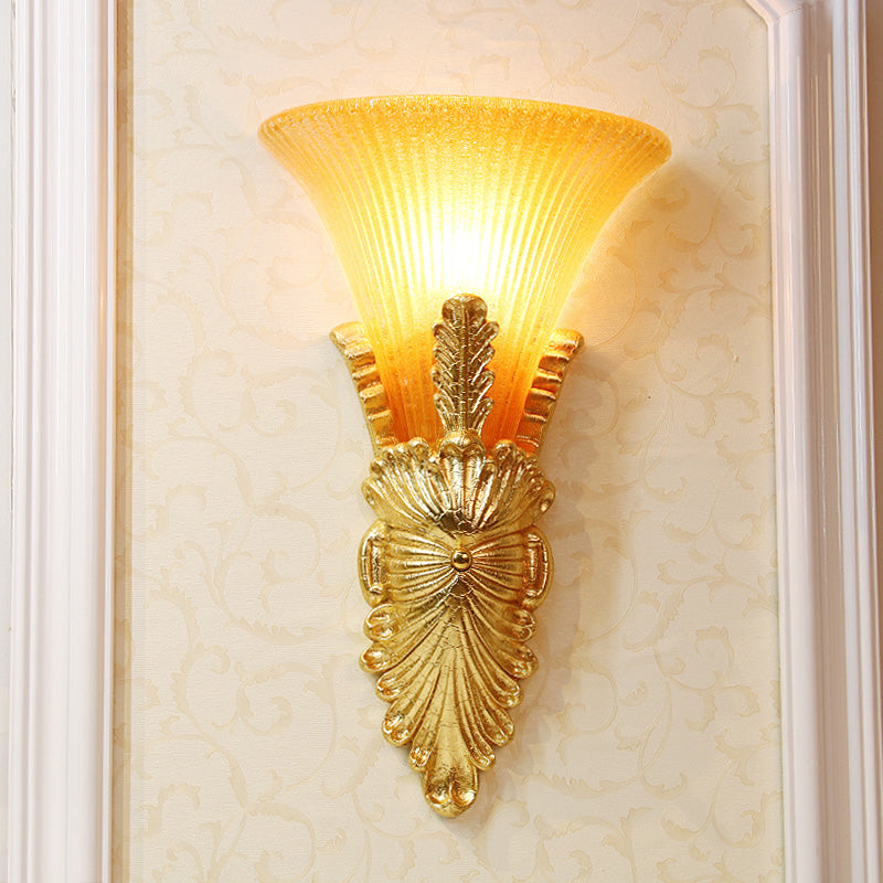 Amber Glass Gold Wall Sconce Light Fixture For Hallway - Single Bulb Colonial Flair