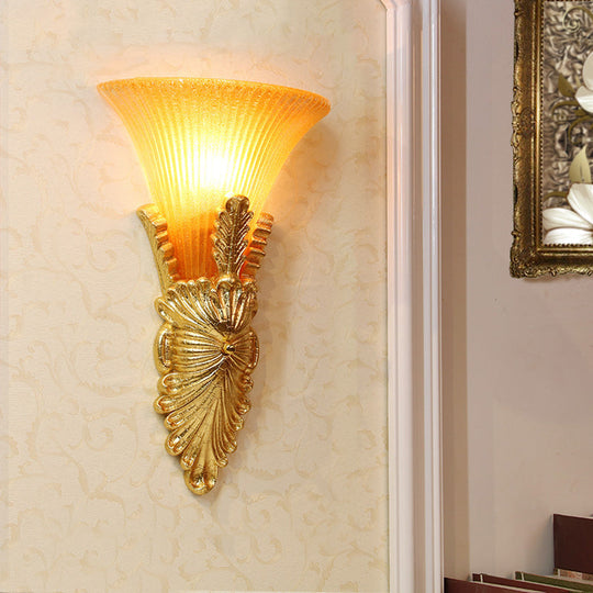 Amber Glass Gold Wall Sconce Light Fixture For Hallway - Single Bulb Colonial Flair