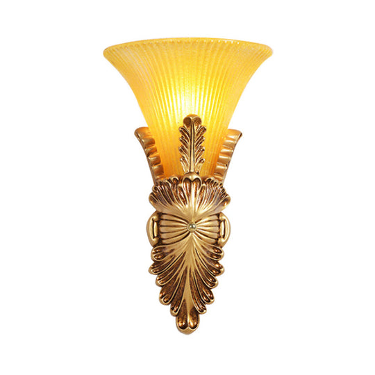 Amber Glass Gold Wall Sconce Light Fixture For Hallway - Single Bulb Colonial Flair