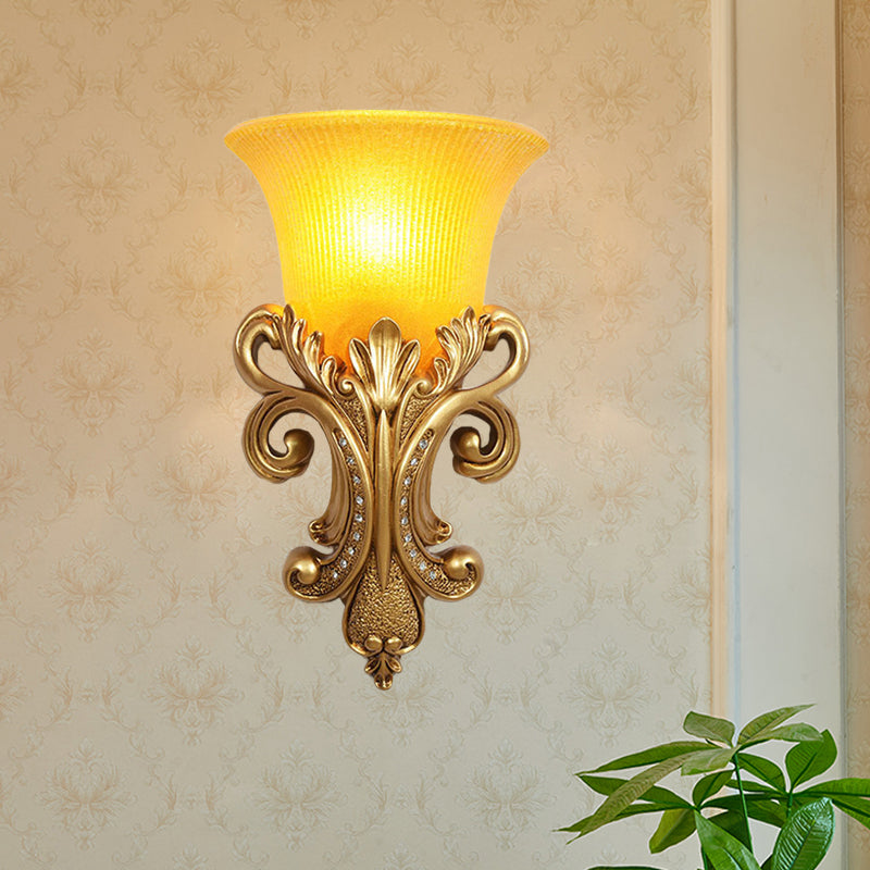 Gold Colonial Bell Flush Mount Wall Sconce With Prismatic Glass For Living Room Lighting