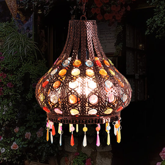 Bohemia Teardrop Ceiling Pendant Light: Metal Hanging Lamp with Decorative Gem in Weathered Copper