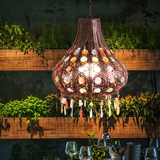 Bohemia Teardrop Ceiling Pendant Light: Metal Hanging Lamp with Decorative Gem in Weathered Copper